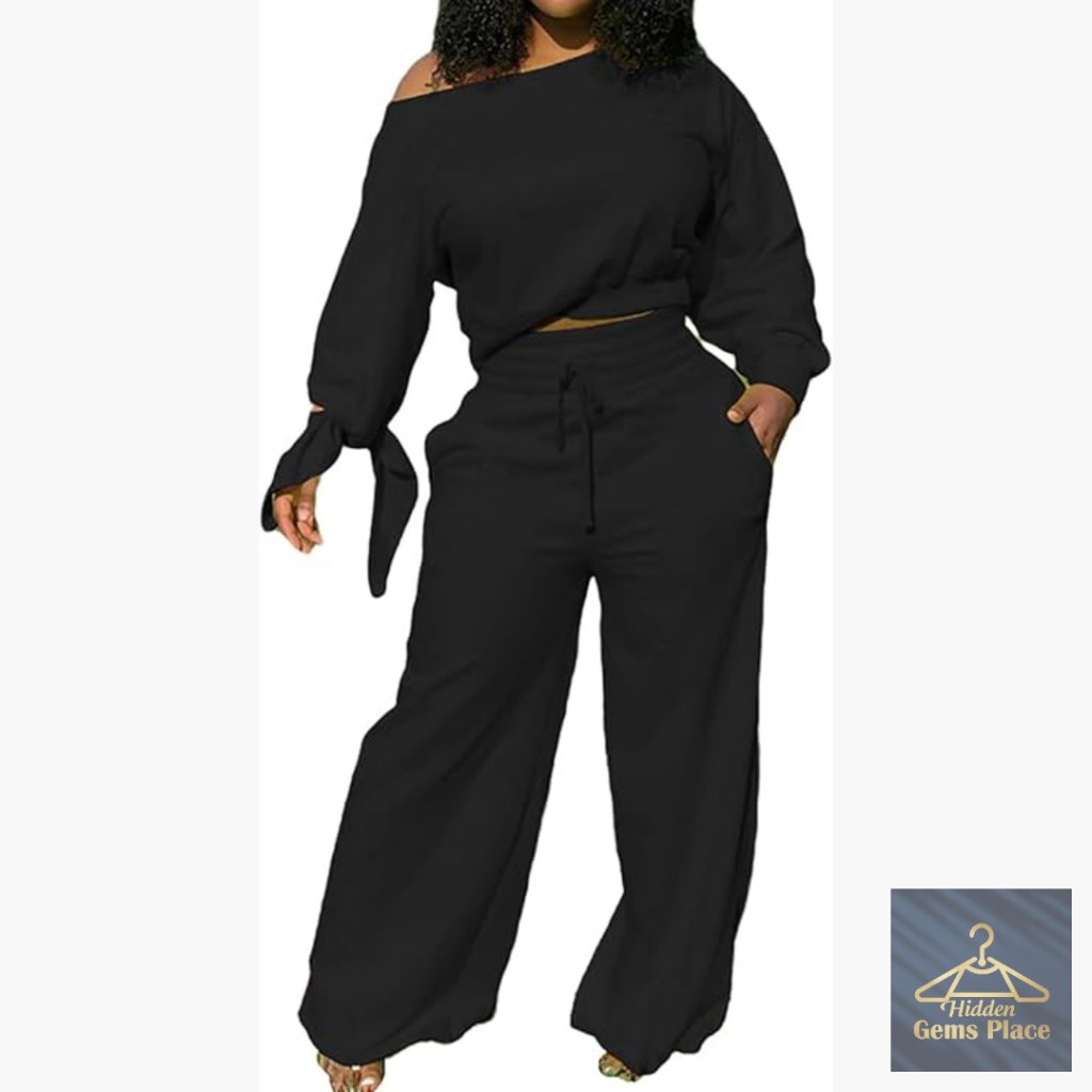Long Sleeve Sweatsuit Set With Wide Leg Pants And Pockets
